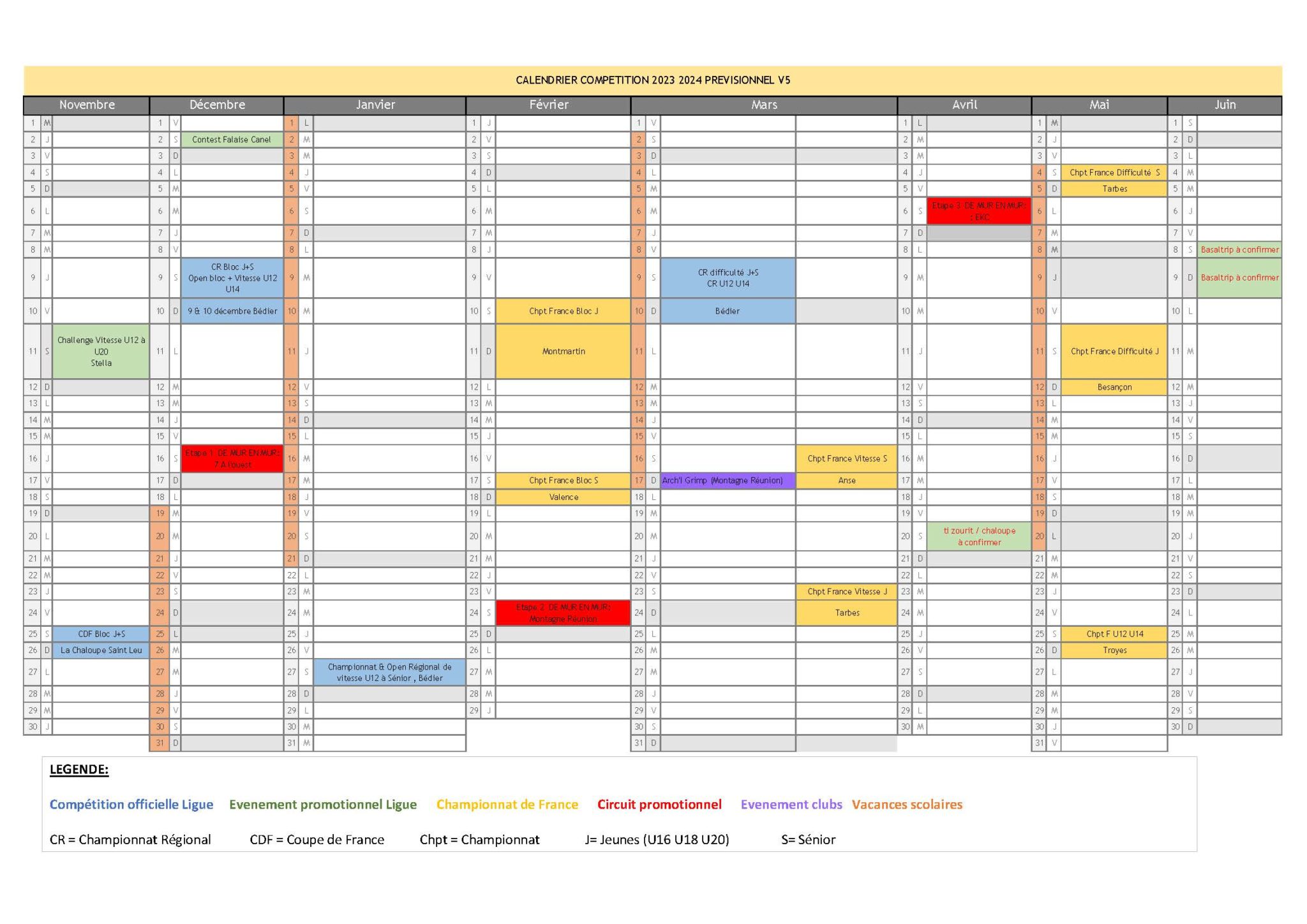 Calendrier Des Compétitions 2023-2024 PREVISIONNEL - FFME 974