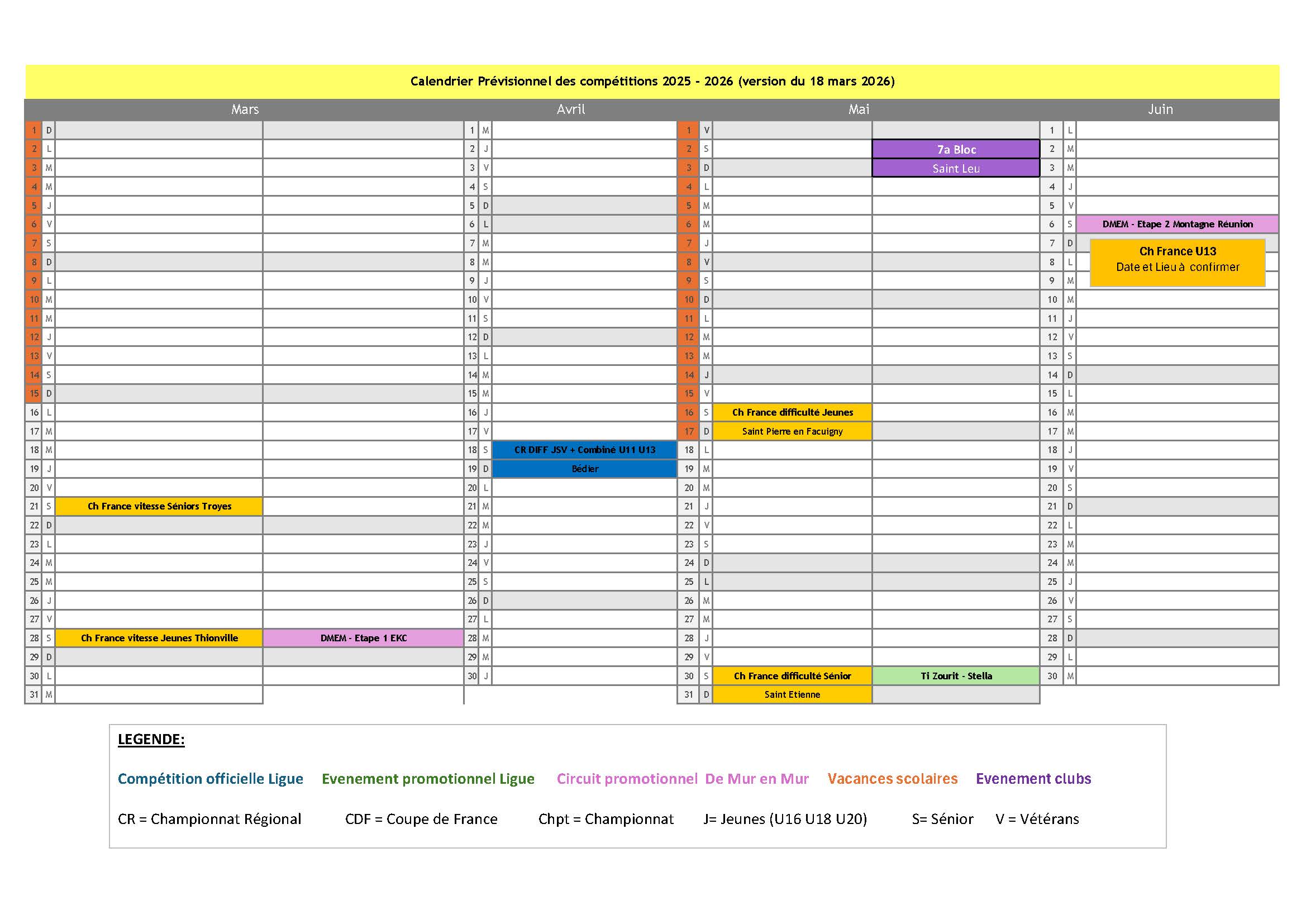 Calendrier prévisionnel des compétitions (au 18 mars 2026)